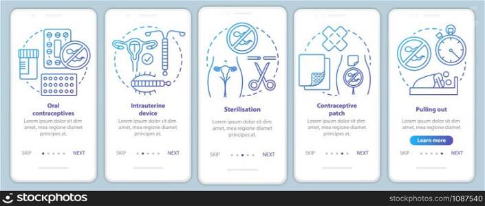 Safe sex onboarding mobile app page screen vector template. Oral contraceptive. Intrauterine device. Walkthrough website steps with linear illustrations. UX, UI, GUI smartphone interface concept