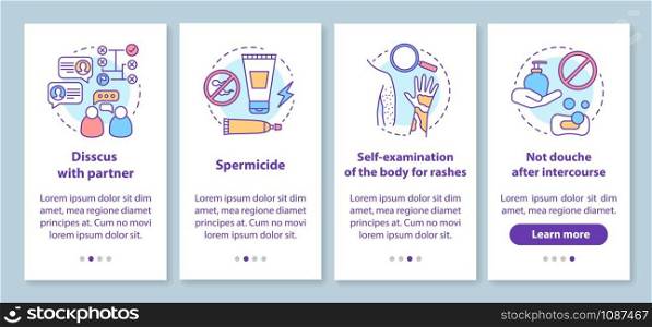 Safe sex onboarding mobile app page screen with linear concepts. Self-examination of body for rashes. Four walkthrough steps graphic instructions. UX, UI, GUI vector template with illustrations