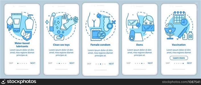 Safe sex onboarding mobile app page screen with linear concepts. Five walkthrough steps graphic instructions. Female condom, dams and vaccination. UX, UI, GUI vector template with illustrations