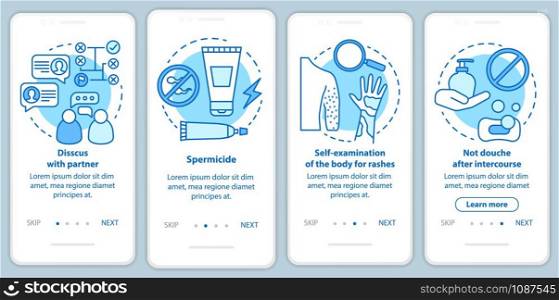 Safe sex onboarding mobile app page screen with linear concepts. Four walkthrough steps graphic instructions. Self-examination of body for rashes. UX, UI, GUI vector template with illustrations