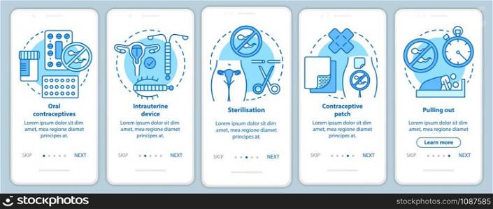 Safe sex onboarding mobile app page screen with linear concepts. Oral contraceptive. Five walkthrough steps graphic instructions. Intrauterine device. UX, UI, GUI vector template with illustrations