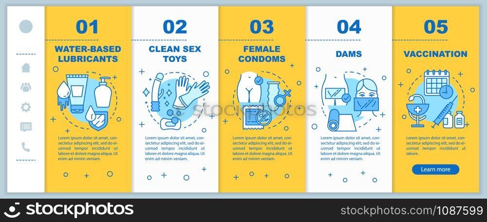 Safe sex onboarding mobile web pages vector template. Female condom, dams. Responsive smartphone website interface idea with linear illustrations. Webpage walkthrough step screens. Color concept
