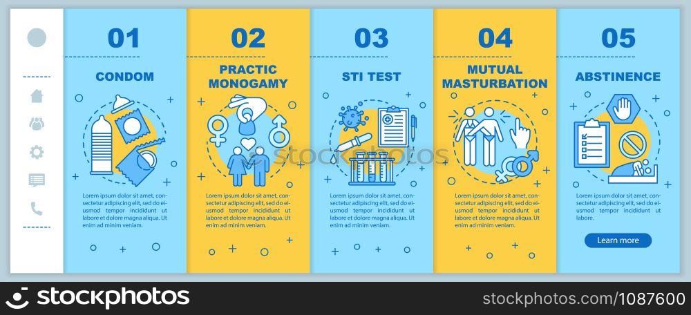 Safe sex onboarding mobile web pages vector template. Practic monogamy. Responsive smartphone website interface idea with linear illustrations. Webpage walkthrough step screens. Color concept