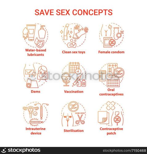 Safe sex red concept icons set. Female condom, oral contraceptive. Vaccination, sterilisation for healthy relationship idea thin line illustrations. Vector isolated outline drawings. Editable stroke