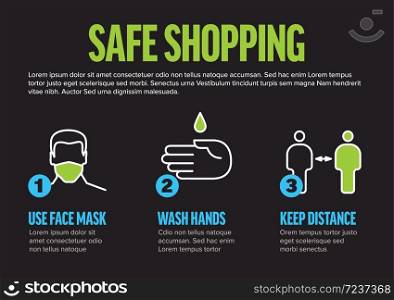 Safe shopping instructions infographic template - mask, people distance, washing hands, stay at home - horizontal dark version. Safe shopping instructions - horizontal infographic template