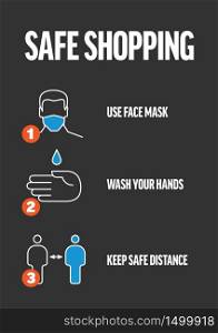 Safe shopping instructions infographic template - mask, people distance, washing hands, stay at home - dark version. Safe shopping instructions - infographic template