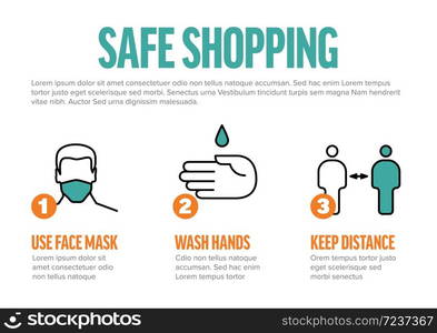 Safe shopping instructions infographic template - mask, people distance, washing hands, stay at home - horizontal version. Safe shopping instructions - horizontal infographic template