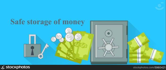 Safe storage of money design flat. Save money, bank safe, protect money, deposit and business, banking finance, wealth box, security and protection, lock and secure illustration