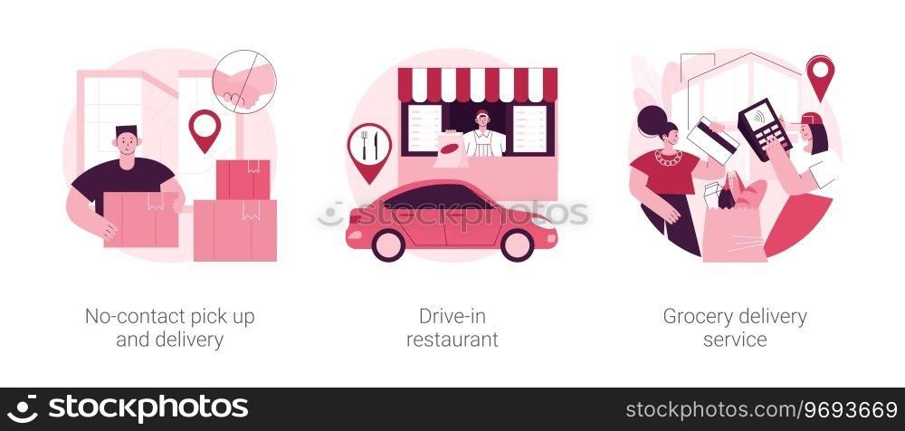 Safe way to get food and essentials abstract concept vector illustration set. No-contact pick up and delivery, drive-in restaurant, grocery delivery service in covid-2019 quarantine abstract metaphor.. Safe way to get food and essentials abstract concept vector illustrations.