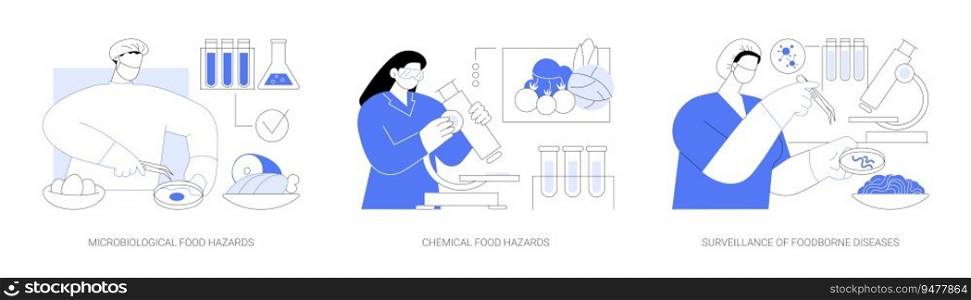 Safer and healthier foods abstract concept vector illustration set. Microbiological and chemical food hazards, surveillance of foodborne diseases, meal safety, public health problem abstract metaphor.. Safer and healthier foods abstract concept vector illustrations.
