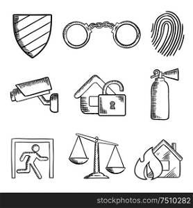 Safety and security sketch style icons with a security shield , handcuffs, thumb print, surveillance camera, padlock, fire extinguisher, emergency exit, scales of justice and fire. Isolated on white. Safety and security sketch style icons