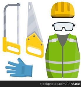 Safety and tools for cutting trees. Cartoon flat illustration. Repair and maintenance. Green vest, helmet, glasses, gloves. jigsaw and saw of lumberjack. Set of clothes Builder and worker. Green vest