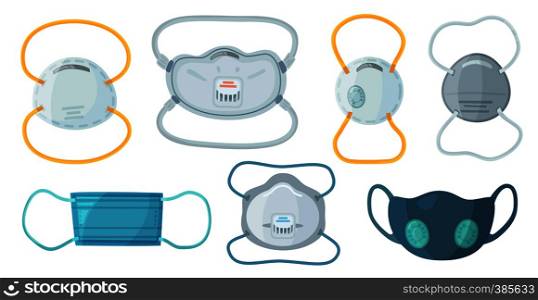 Safety breathing masks. Industrial safety N95 mask, dust protection respirator and breathing medical respiratory mask. Hospital or pollution protect face masking. Cartoon vector isolated symbols set. Safety breathing masks. Industrial safety N95 mask, dust protection respirator and breathing medical respiratory mask vector set