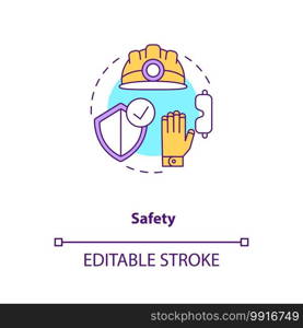 Safety concept icon. Health insurance and protection for engineer, builder. Contractor PPE. Civil engineering idea thin line illustration. Vector isolated outline RGB color drawing. Editable stroke. Safety concept icon