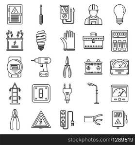 Safety electrician service icons set. Outline set of safety electrician service vector icons for web design isolated on white background. Safety electrician service icons set, outline style