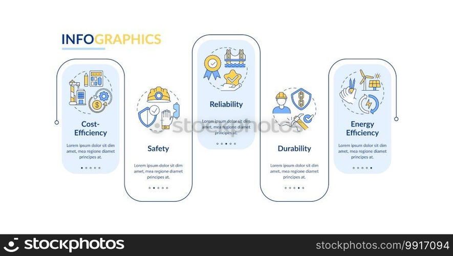 Safety engineering vector infographic template. Reliability presentation design elements. Data visualization with 5 steps. Process timeline chart. Workflow layout with linear icons. Safety engineering vector infographic template
