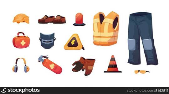 Safety equipment. Worker personal security clothes and tools, helmet glasses gloves mask, industry risky and danger job protection. Vector isolated set. Protective uniform and objects. Safety equipment. Worker personal security clothes and tools, helmet glasses gloves mask, industry risky and danger job protection. Vector isolated set