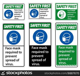 Safety First Face mask required to prevent spread of virus sign on white background 