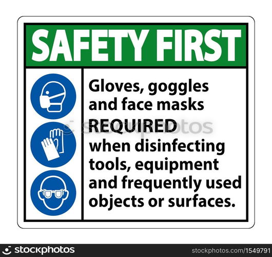 Safety First Gloves,Goggles,And Face Masks Required Sign On White