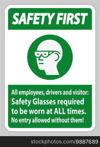 Safety First Sign All Employees, Drivers And Visitors,Safety Glasses Required To Be Worn At All Times