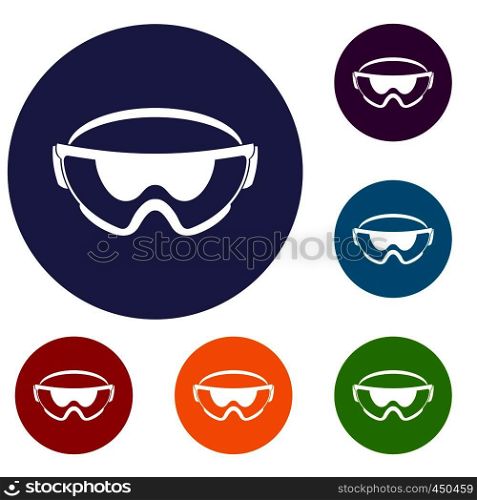 Safety glasses icons set in flat circle reb, blue and green color for web. Safety glasses icons set