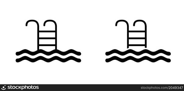 Safety grab bars ladder or steps in blue swimming pool. Flat vertor swimming pool with stair. Stairs or ladder logo. Steel railings stairs in a pool pictogram. Water, sea wave.