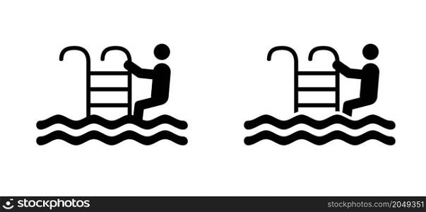 Safety grab bars ladder or steps in blue swimming pool. Flat vertor wimming pool with stair. Stairs or ladder logo. Steel railings stairs in a pool pictogram. Water, sea wave.