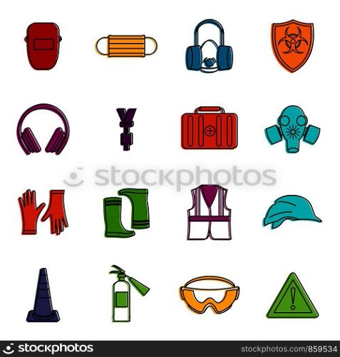 Safety icons set. Doodle illustration of vector icons isolated on white background for any web design. Safety icons doodle set