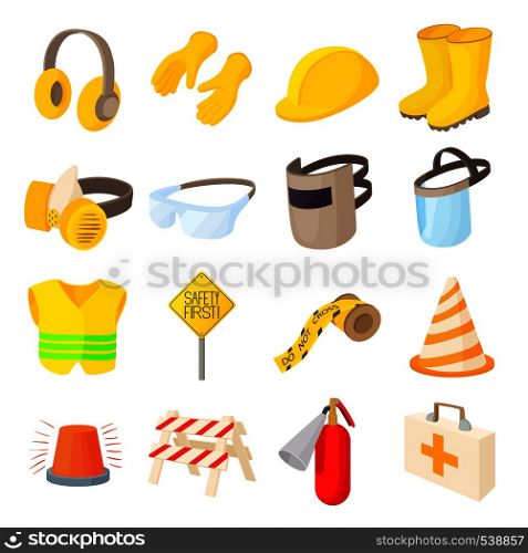 Safety icons set in cartoon style on a white background. Safety icons set, cartoon style