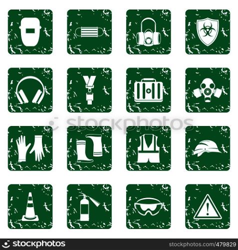Safety icons set in grunge style green isolated vector illustration. Safety icons set grunge