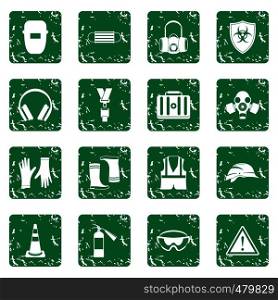 Safety icons set in grunge style green isolated vector illustration. Safety icons set grunge