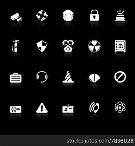 Safety icons with reflect on black background, stock vector