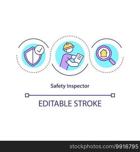 Safety inspector concept icon. Inspecting working and health conditions idea thin line illustration. Organizations and equipment checkup. Vector isolated outline RGB color drawing. Editable stroke. Safety inspector concept icon