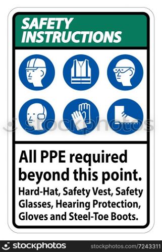 Safety Instructions PPE Required Beyond This Point. Hard Hat, Safety Vest, Safety Glasses, Hearing Protection