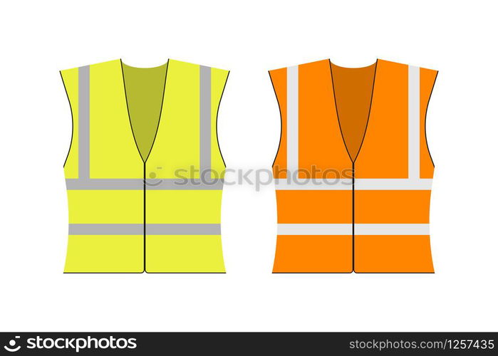 Safety jacket security. Set of yellow and orange work uniform with reflective stripes. Vector stock illustration. Safety jacket security. Set of yellow and orange work uniform with reflective stripes. Vector stock illustration.