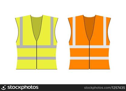Safety jacket security. Set of yellow and orange work uniform with reflective stripes. Vector stock illustration. Safety jacket security. Set of yellow and orange work uniform with reflective stripes. Vector stock illustration.