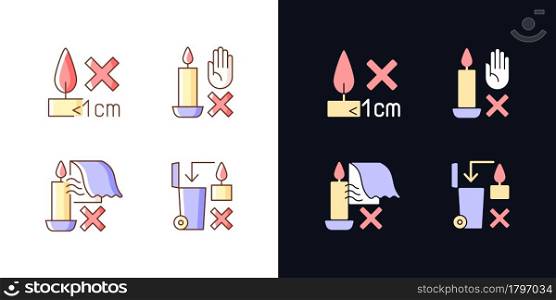 Safety label for candles light and dark theme RGB color manual label icons set. Isolated vector illustrations on white and black space. Simple filled line drawings pack for product use instructions. Safety label for candles light and dark theme RGB color manual label icons set