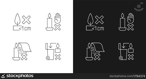 Safety label for candles linear manual label icons set for dark and light mode. Customizable thin line symbols. Isolated vector outline illustrations for product use instructions. Editable stroke. Safety label for handmade candles linear manual label icons set for dark and light mode