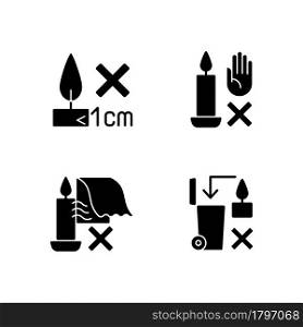 Safety label for handmade candles black glyph manual label icons set on white space. Burning candles correctly. Silhouette symbols. Vector isolated illustration for product use instructions. Safety label for handmade candles black glyph manual label icons set on white space