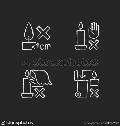 Safety label for handmade candles chalk white manual label icons set on dark background. Burning candles correctly. Isolated vector chalkboard illustrations for product use instructions on black. Safety label for handmade candles chalk white manual label icons set on dark background