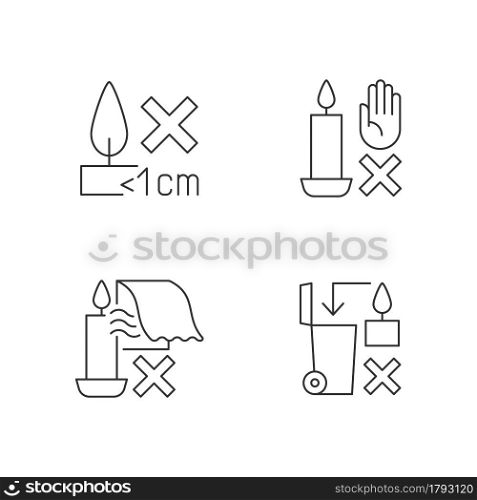 Safety label for handmade candles linear manual label icons set. Customizable thin line contour symbols. Isolated vector outline illustrations for product use instructions. Editable stroke. Safety label for handmade candles linear manual label icons set