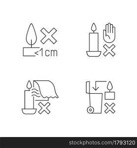 Safety label for handmade candles linear manual label icons set. Customizable thin line contour symbols. Isolated vector outline illustrations for product use instructions. Editable stroke. Safety label for handmade candles linear manual label icons set