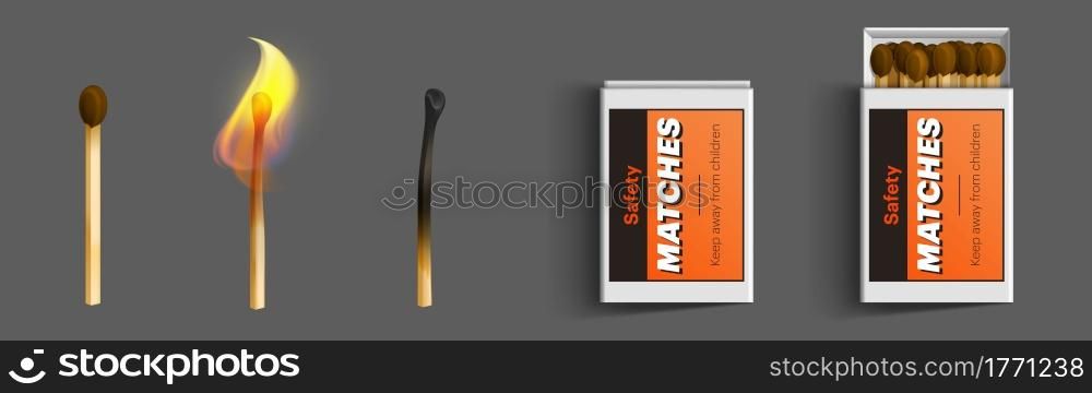 Safety matches in box, stages of burning from fire to charred burnt wooden stick, matchsticks with brown sulphur lying in closed and open case isolated on grey background, Realistic 3d vector set. Safety matches in box, stages of burning, vector