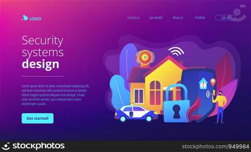 Safety measures, unauthorized access prevention. Security systems design, optimal building security solutions, best industry experience concept. Website homepage landing web page template.. Security systems design concept landing page