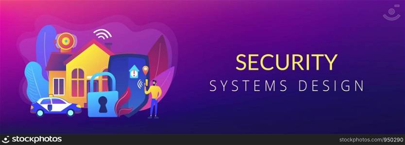 Safety measures, unauthorized access prevention. Security systems design, optimal building security solutions, best industry experience concept. Header or footer banner template with copy space.. Security systems design concept banner header