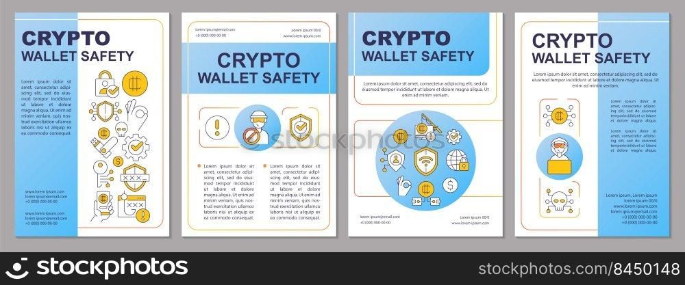 Safety of crypto wallet blue brochure template. Coins storage. Leaflet design with linear icons. Editable 4 vector layouts for presentation, annual reports. Arial, Myriad Pro-Regular fonts used. Safety of crypto wallet blue brochure template