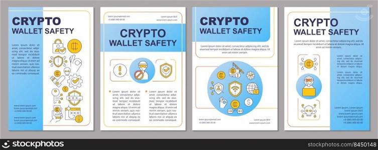 Safety of crypto wallet blue brochure template. Coins storage. Leaflet design with linear icons. Editable 4 vector layouts for presentation, annual reports. Arial, Myriad Pro-Regular fonts used. Safety of crypto wallet blue brochure template