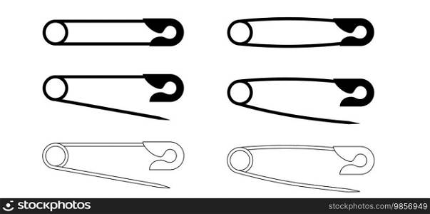 Safety pin. Opened and closed pins. pierced and clipping path sign. Vector safetypin icon. Open and close safety pins. Baby pin.