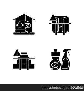 Safety precaution at home black glyph icons set on white space. Falling and poisoning prevention. Keep chemical away from kids. Child security. Silhouette symbols. Vector isolated illustration. Safety precaution at home black glyph icons set on white space