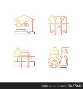 Safety precaution at home gradient linear vector icons set. Falling and poisoning prevention. Keep chemical away from kids. Thin line contour symbols bundle. Isolated outline illustrations collection. Safety precaution at home gradient linear vector icons set
